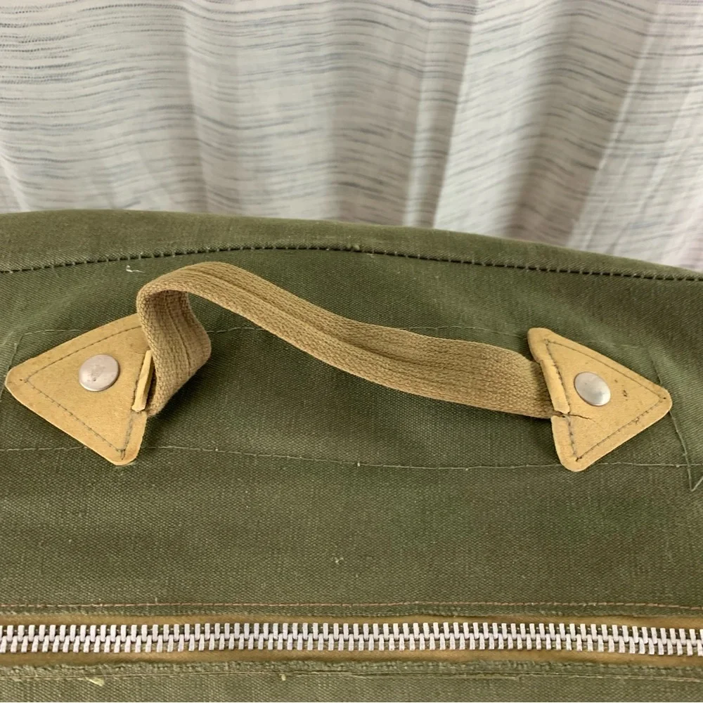 Green Olive Drab Zippered Canvas Duffle Bag.